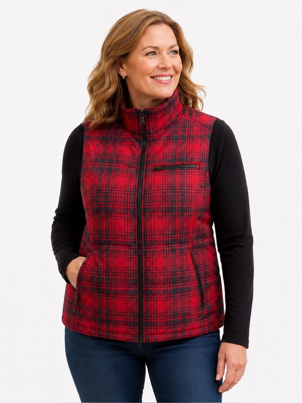 Lauren Ralph Lauren Red Black Plaid Puffer Vest XL Preppy Quilted